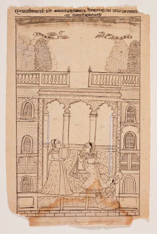 Fine monochrome lines describe a group of figures within a tiered palace facade, preserving the delicate character of a manuscript drawing.