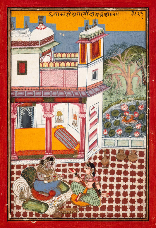 An animated gathering unfolds across a patterned courtyard below a tiered palace, with richly coloured garments and fine decorative detail.