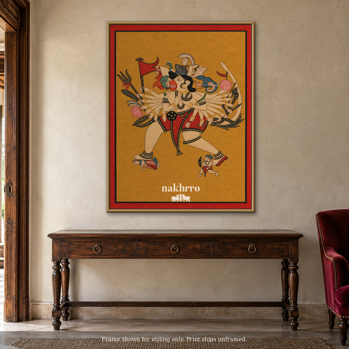 Panchmukhi Hanuman — A Modern Interpretation — warm foyer framed styling mockup, print ships unframed