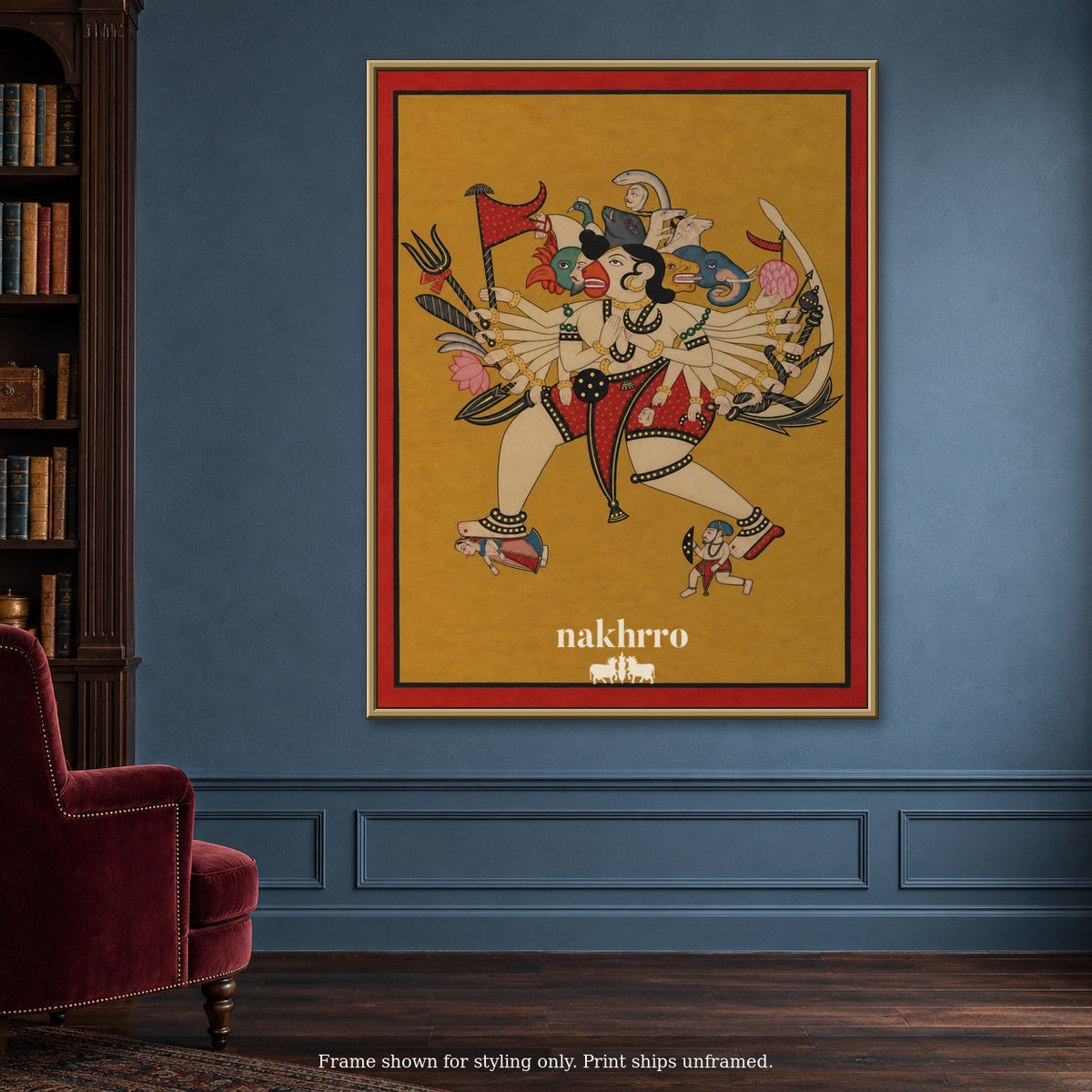 Panchmukhi Hanuman — A Modern Interpretation — blue reading room framed styling mockup, print ships unframed