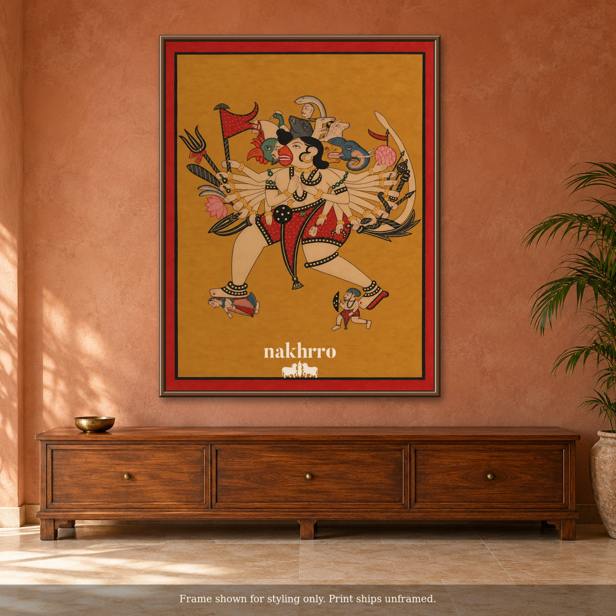 Panchmukhi Hanuman — A Modern Interpretation — terracotta room framed styling mockup, print ships unframed