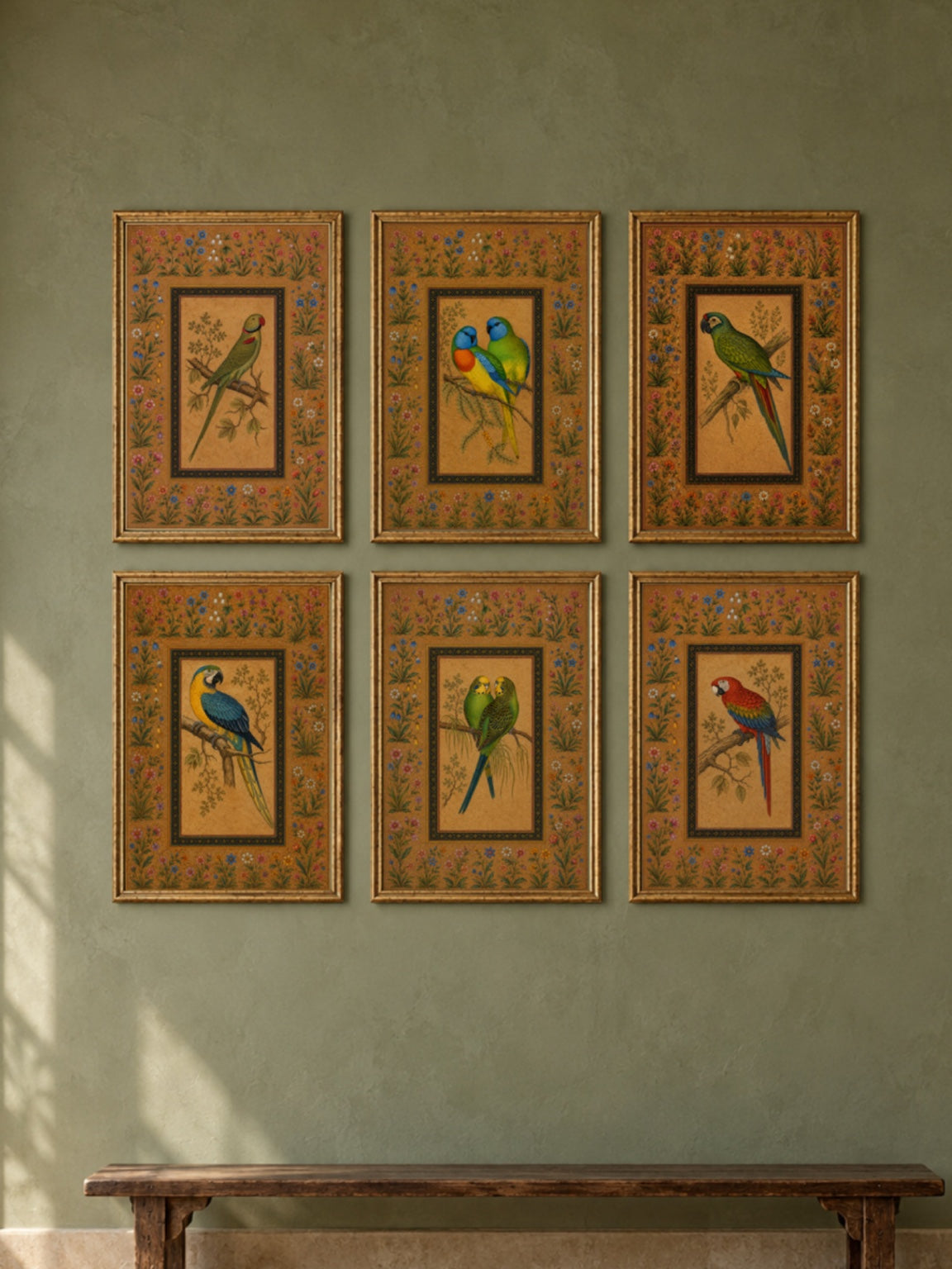 Parrots of the Mughal Garden gallery wall set of six in gold frames