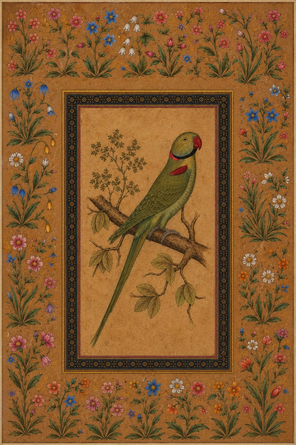 Indian miniature painting of a green parrot within a Mughal floral border