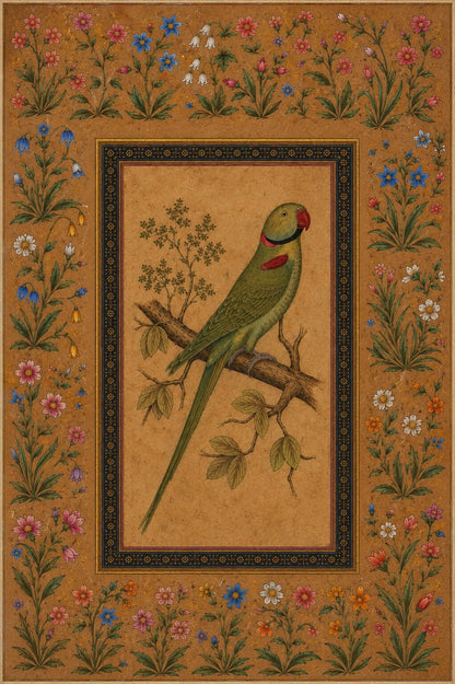 Indian miniature painting of a green parrot within a Mughal floral border
