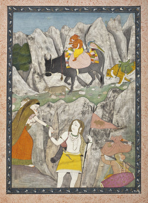 Parvati with Ganesha riding Nandi as Shiva carries Kartikeya, late 18th-century Oir Pahari painting