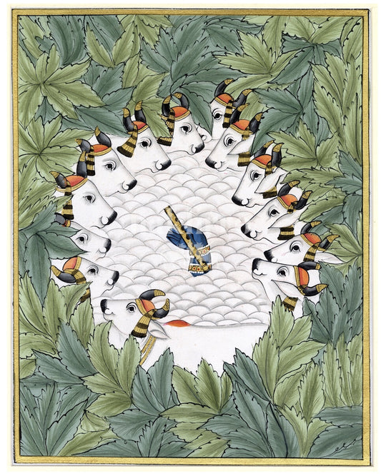 Peacock surrounded by sacred cows Pichwai art print