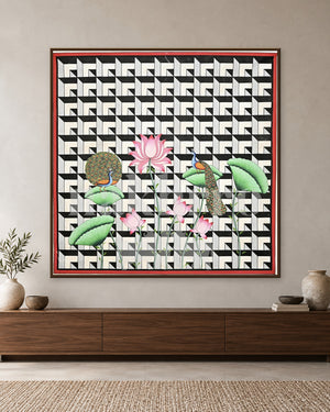 Peacocks and Pink Lotus on a Geometric Pattern — slim-frame room mockup 1 with Nakhrro watermark