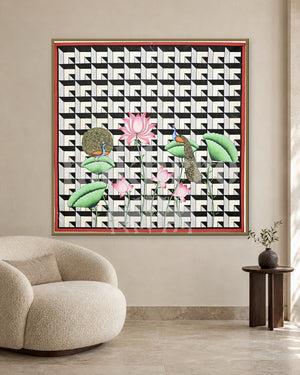 Peacocks and Pink Lotus on a Geometric Pattern — slim-frame room mockup 2 with Nakhrro watermark