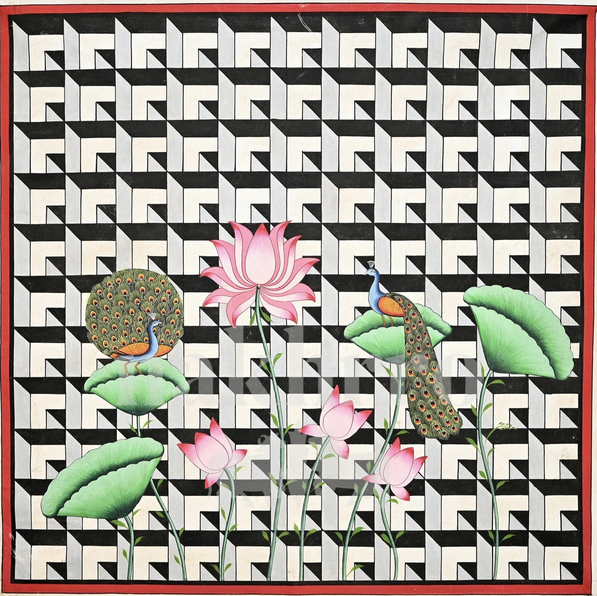 Peacocks and Pink Lotus on a Geometric Pattern — full artwork with Nakhrro watermark