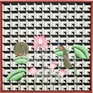 Peacocks and Pink Lotus on a Geometric Pattern — full artwork with Nakhrro watermark