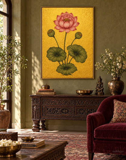 Pink Lotus on Gold | Mughal Botanical Art Print in a styled room