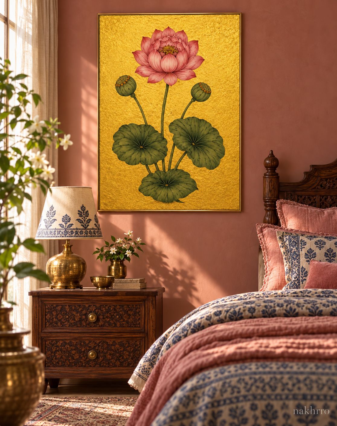 Pink Lotus on Gold | Mughal Botanical Art Print in a styled room