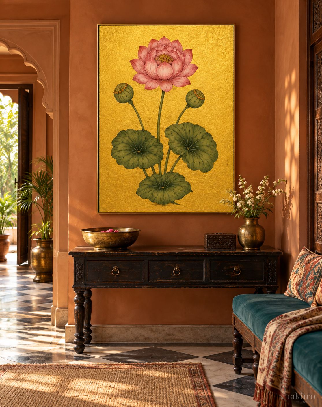 Pink Lotus on Gold | Mughal Botanical Art Print in a styled room