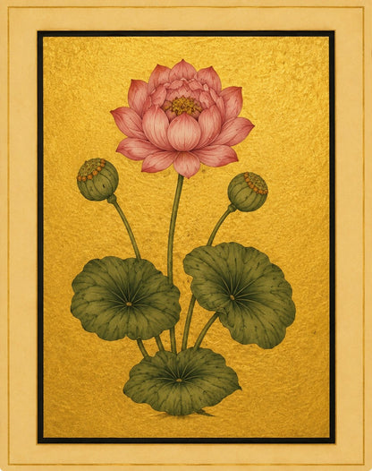A full pink lotus and two rounded buds sit above broad circular green leaves. Gold-ground botanical art.