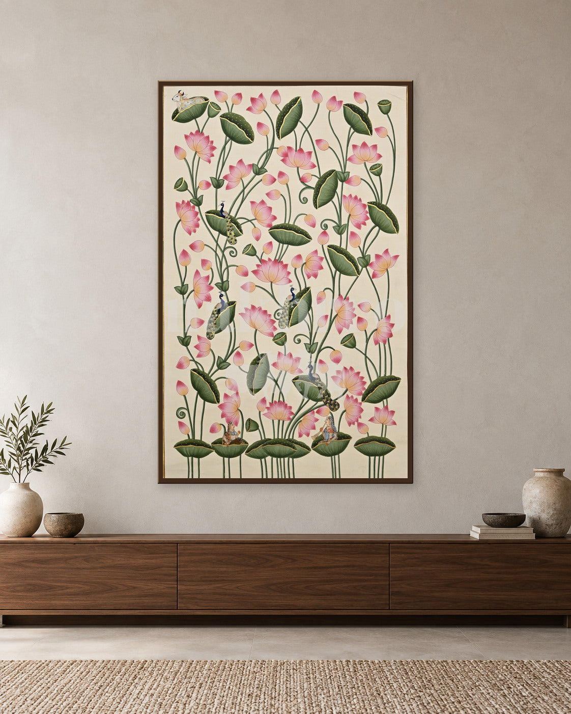 Pink Lotus Vines on Cream — slim-frame room mockup 1 with Nakhrro watermark