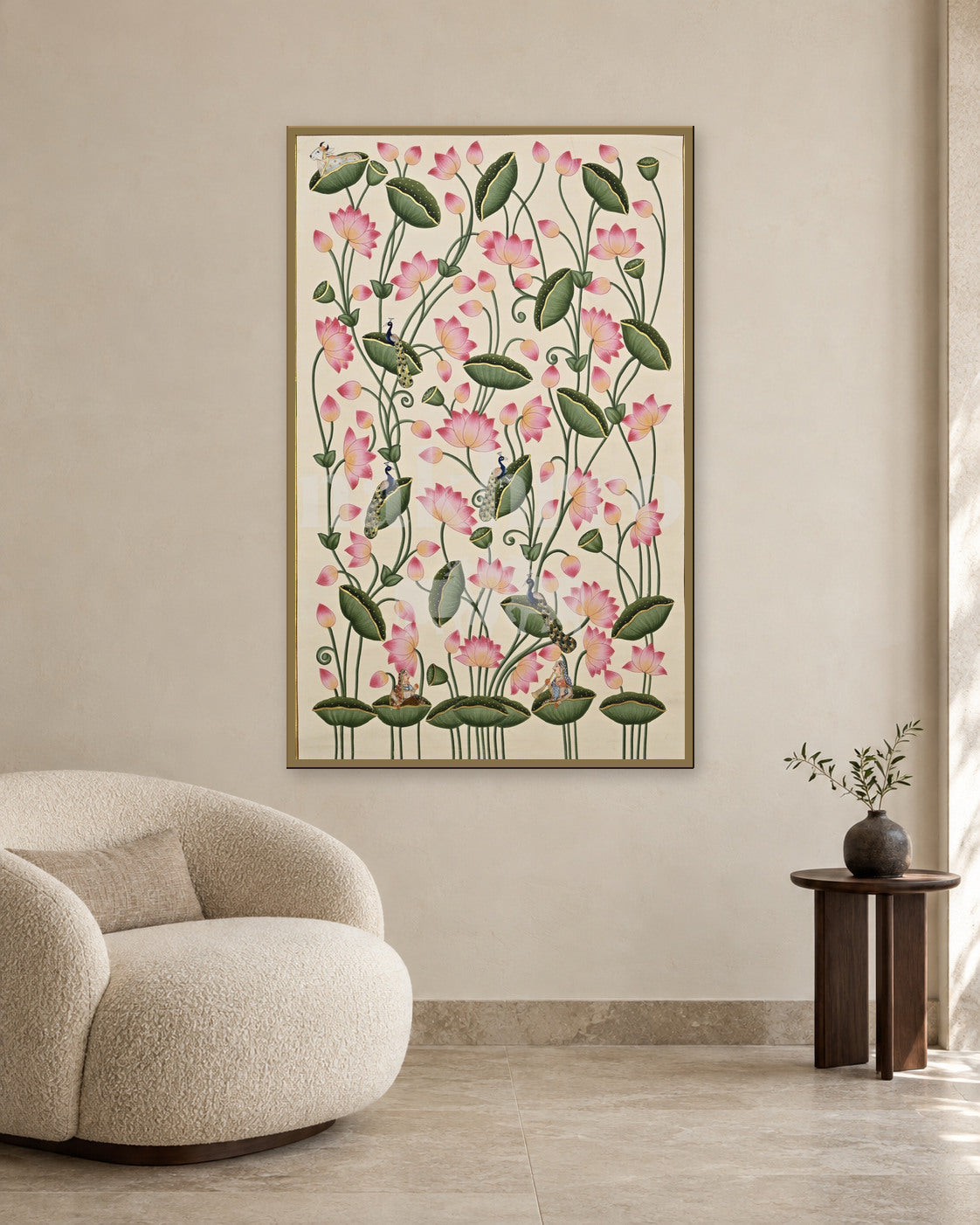 Pink Lotus Vines on Cream — slim-frame room mockup 2 with Nakhrro watermark