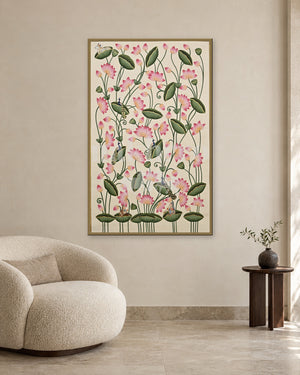 Pink Lotus Vines on Cream — slim-frame room mockup 2 with Nakhrro watermark