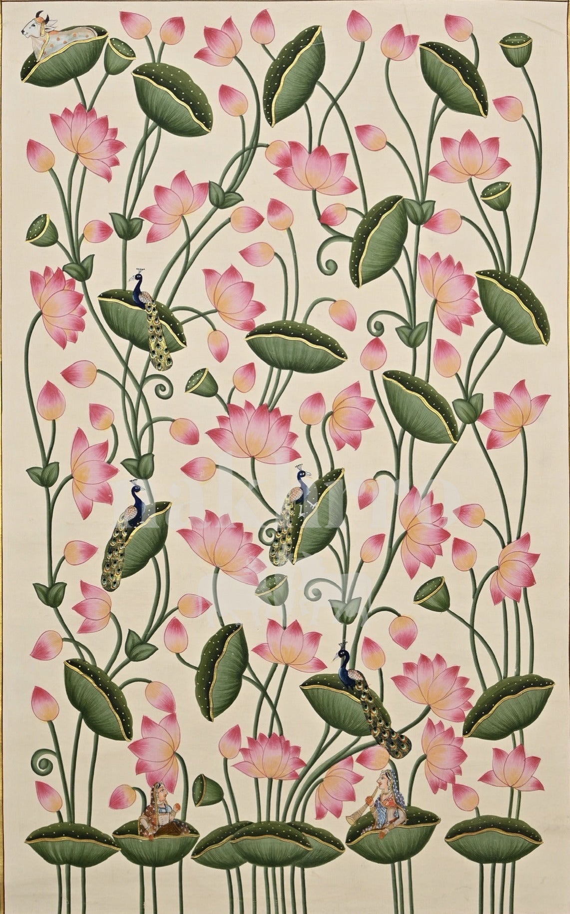 Pink Lotus Vines on Cream — full artwork with Nakhrro watermark