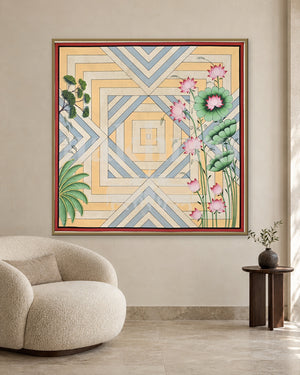 Pink Lotuses on Pastel Geometric Diamonds — slim-frame room mockup 2 with Nakhrro watermark