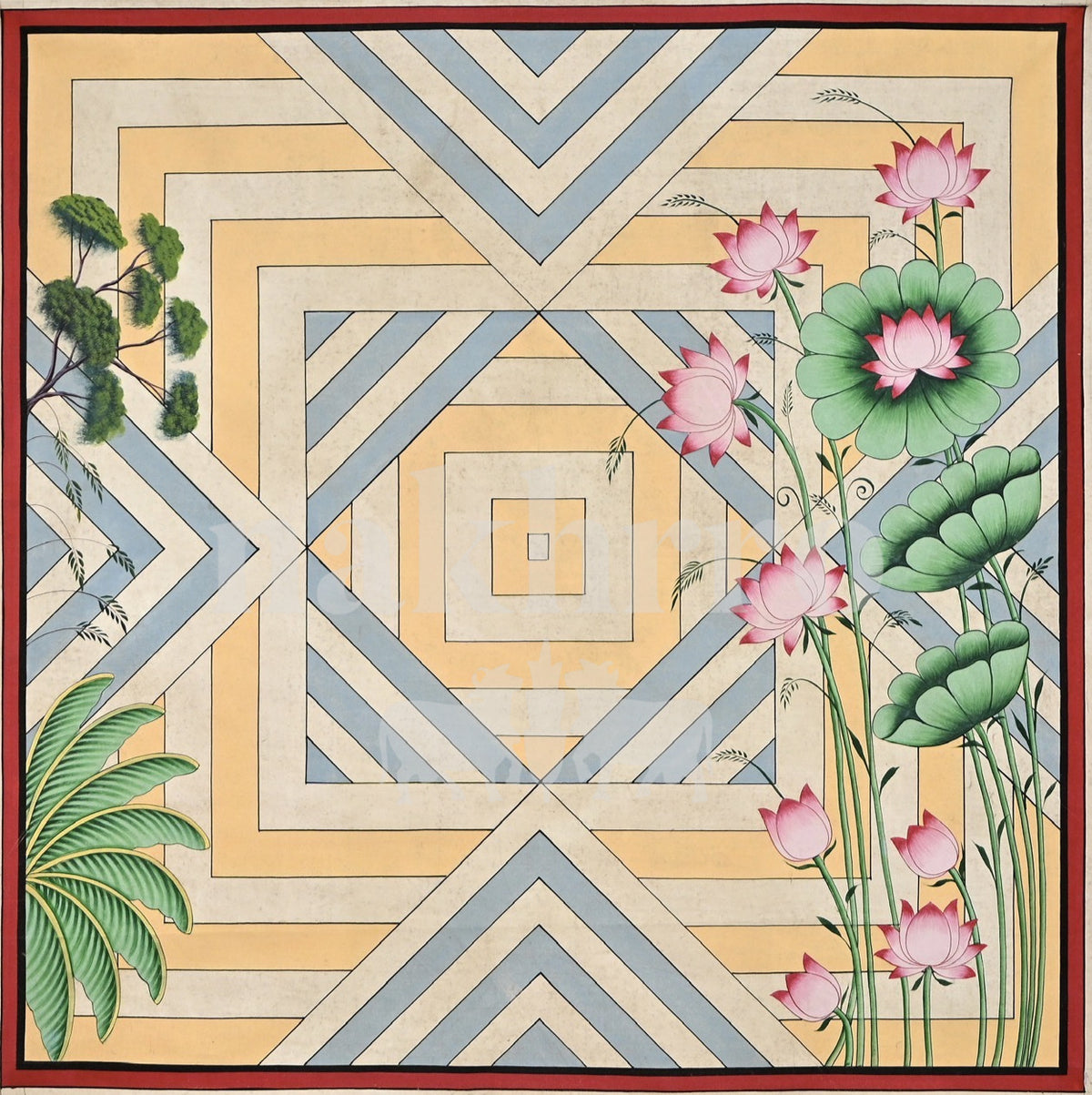 Pink Lotuses on Pastel Geometric Diamonds — full artwork with Nakhrro watermark