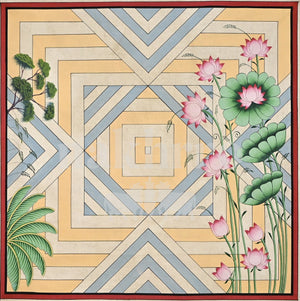 Pink Lotuses on Pastel Geometric Diamonds — full artwork with Nakhrro watermark