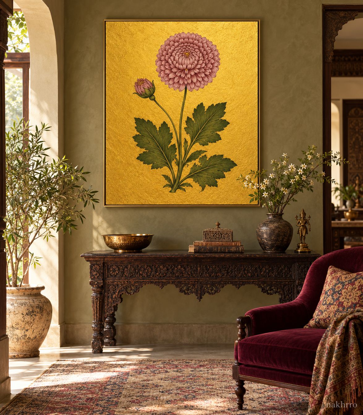 Pink Pompon Bloom on Gold | Mughal Botanical Art Print in a styled room