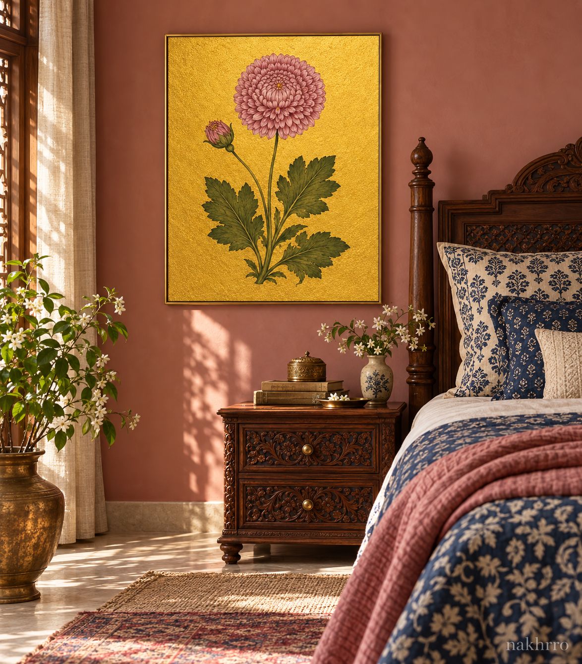 Pink Pompon Bloom on Gold | Mughal Botanical Art Print in a styled room