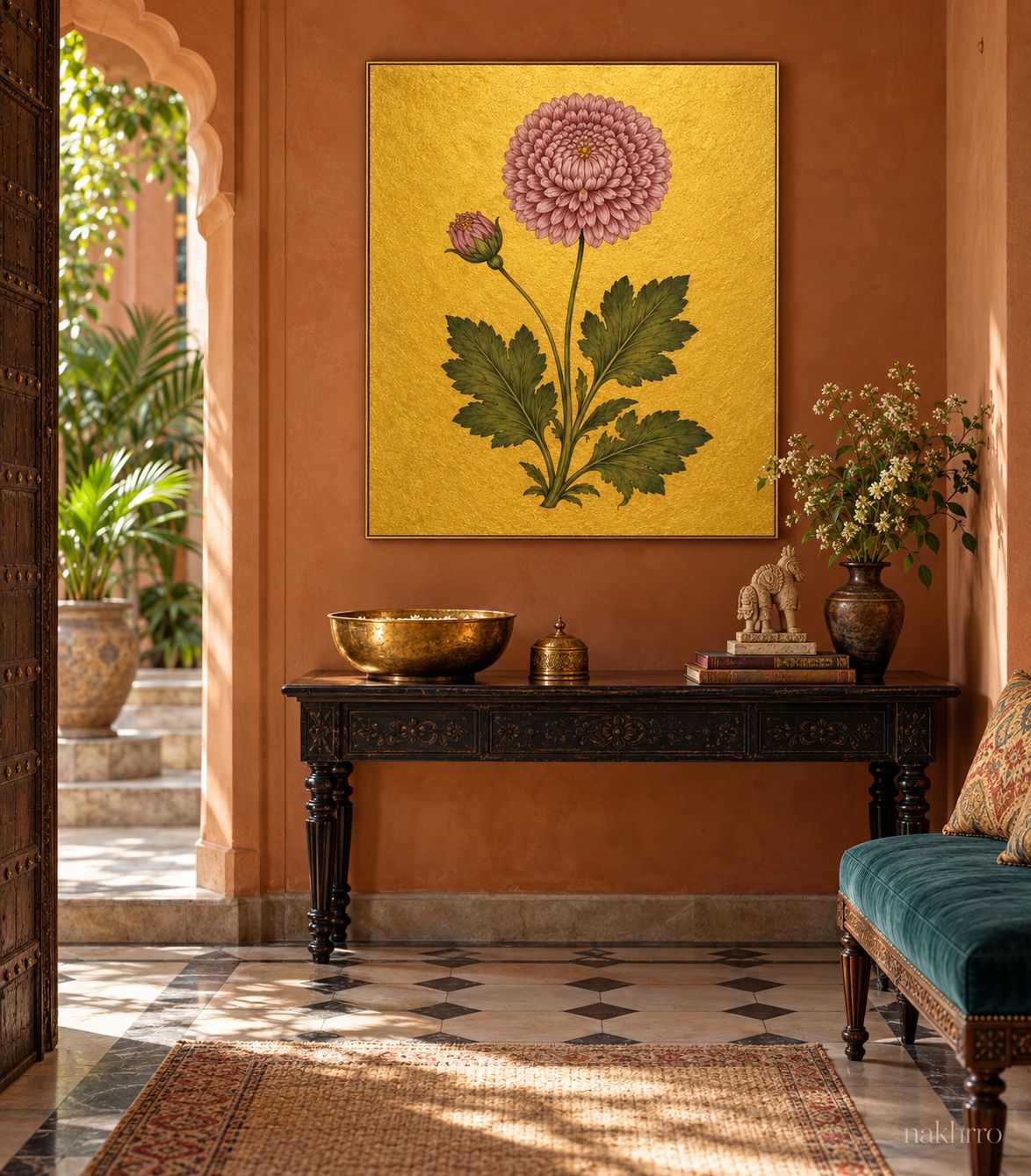 Pink Pompon Bloom on Gold | Mughal Botanical Art Print in a styled room