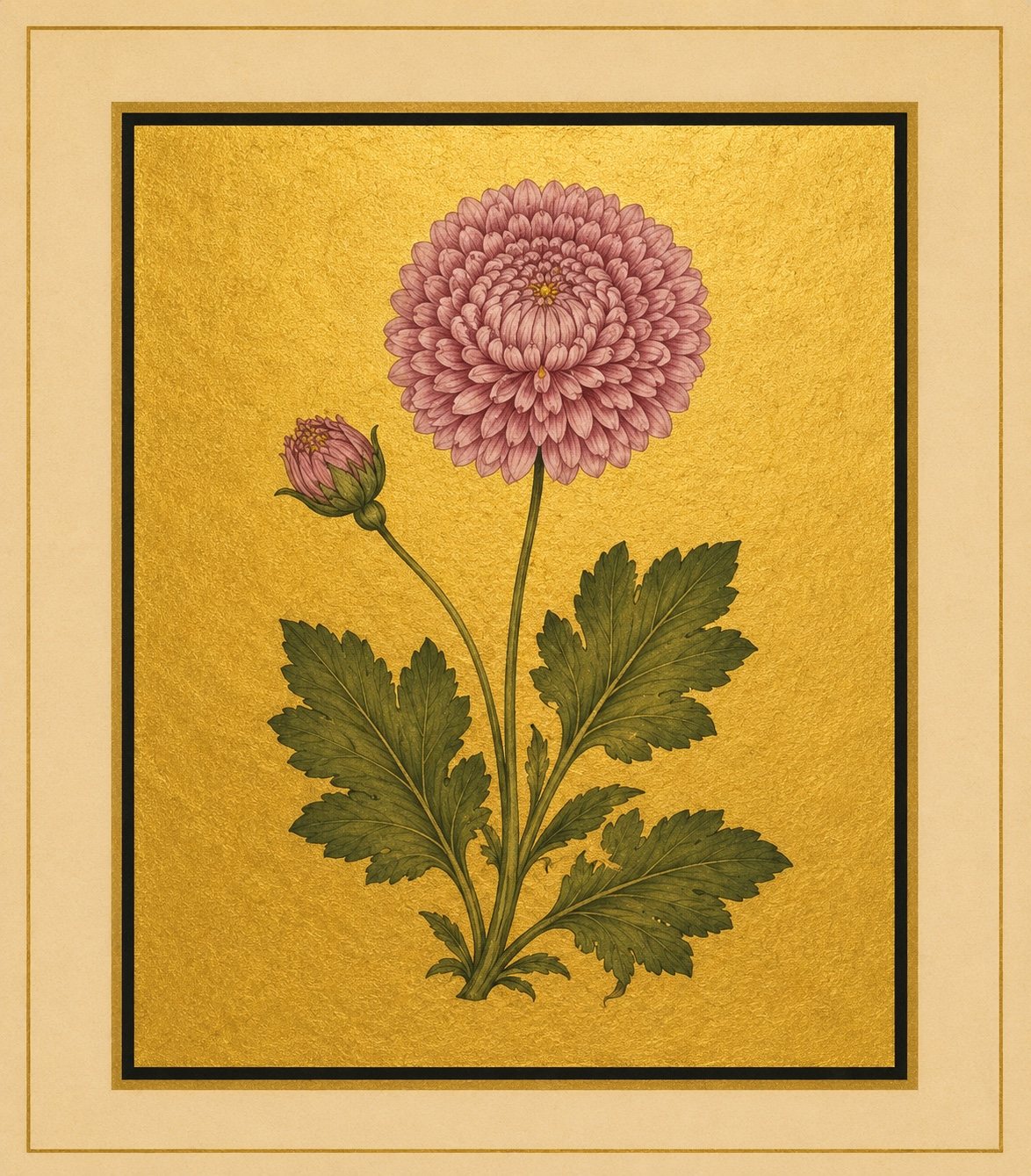 A large round pink bloom and a smaller bud stand above broad serrated foliage. Gold-ground botanical art.