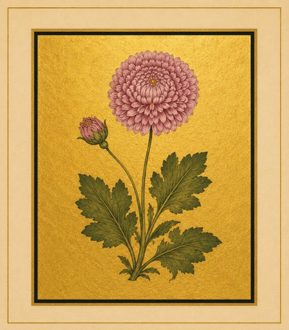 A large round pink bloom and a smaller bud stand above broad serrated foliage. Gold-ground botanical art.