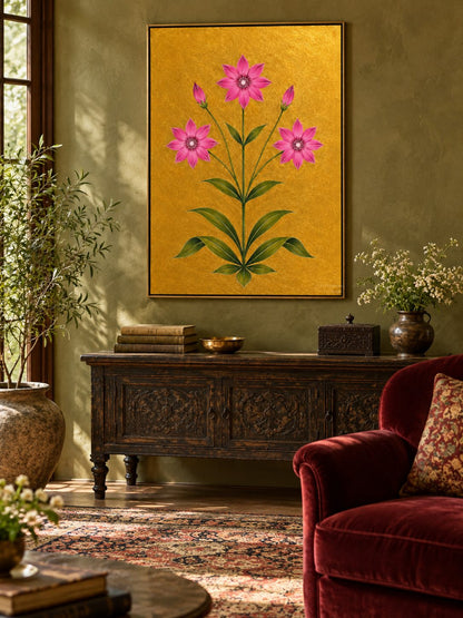Pink Star Blossoms framed in a styled Indian interior