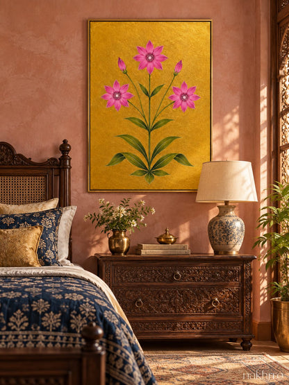 Pink Star Blossoms framed in a styled Indian interior