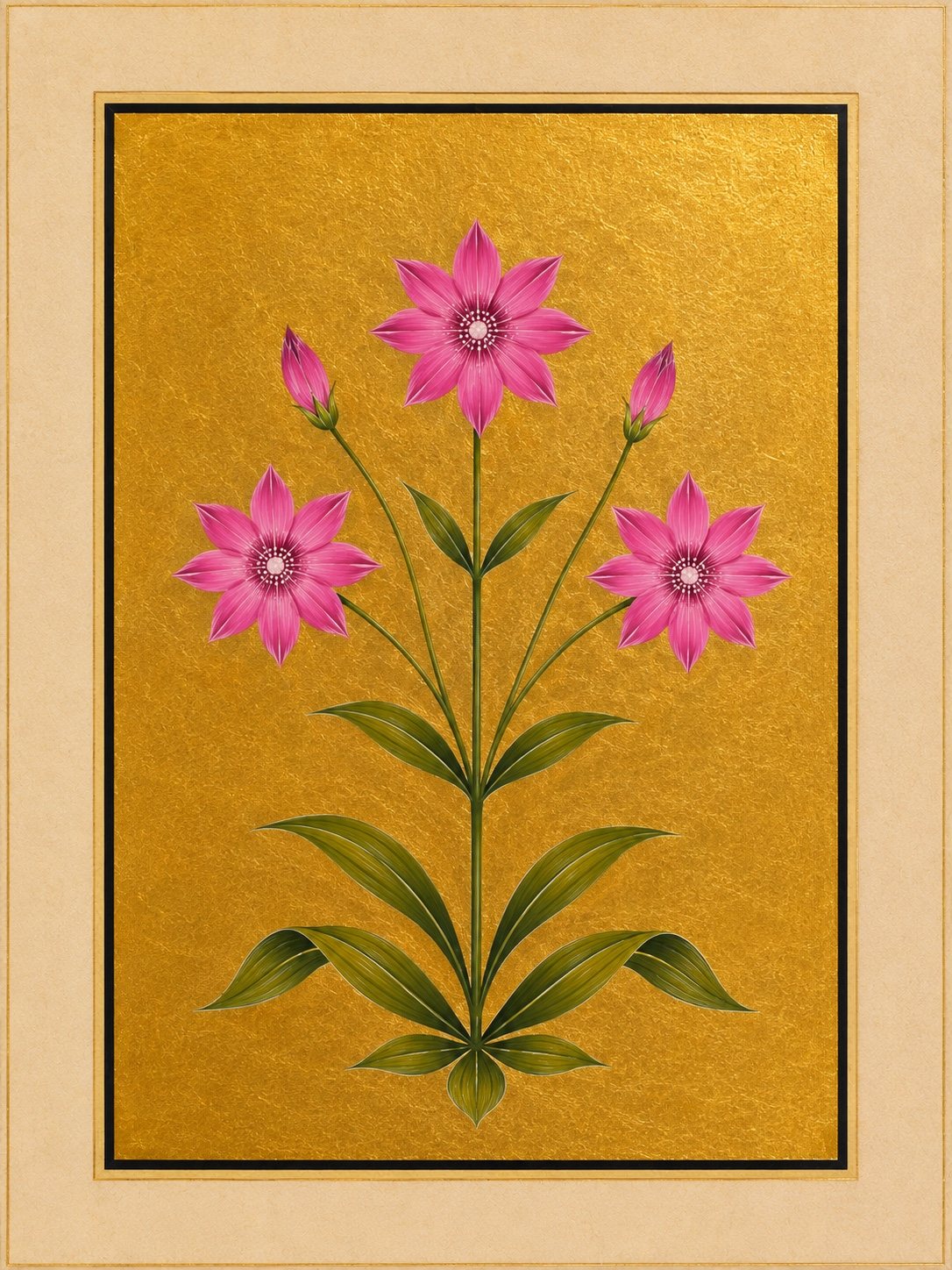 Three bright pink star-shaped flowers rise above pointed green leaves. Gold-ground botanical art.