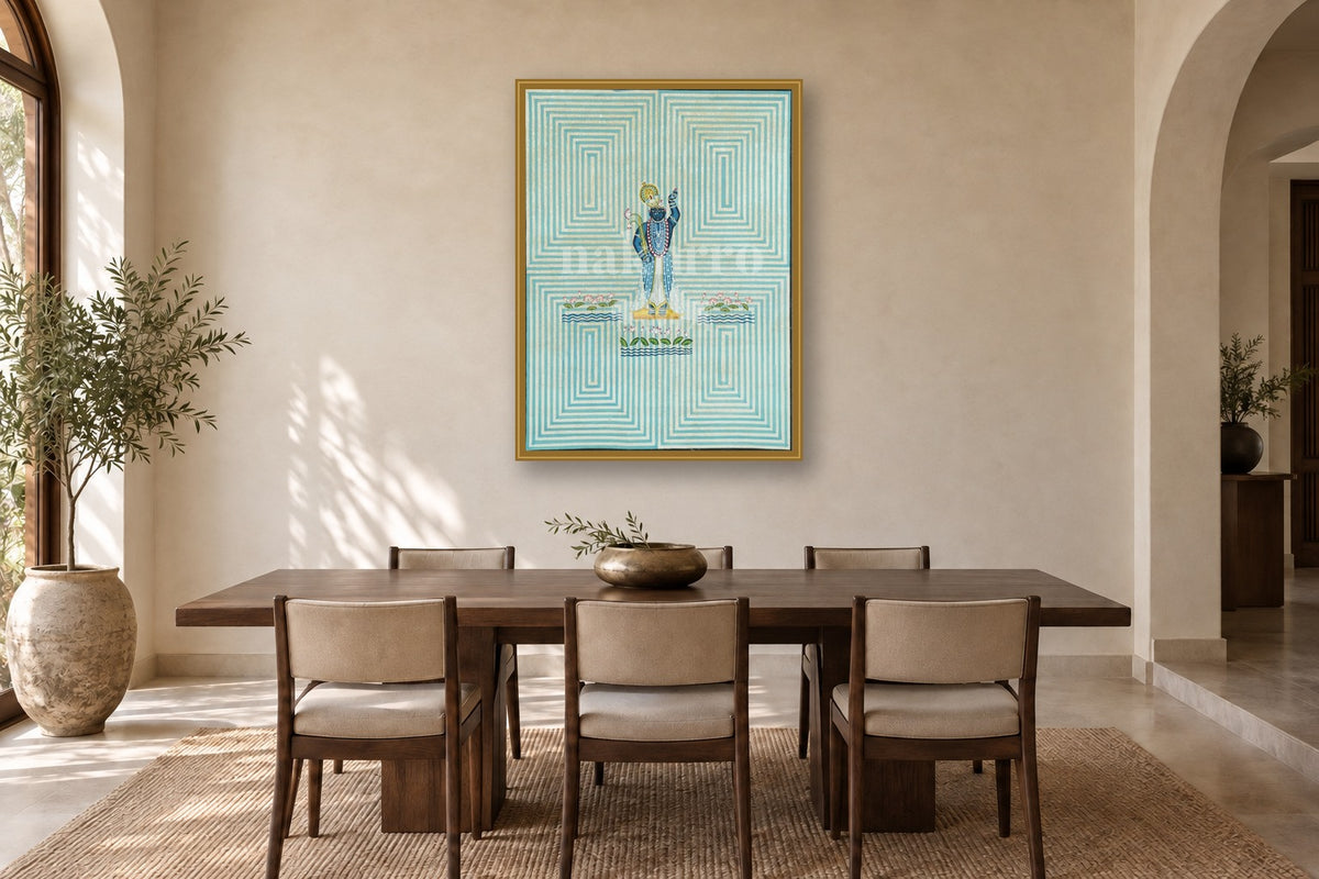 Powder Blue Geometric Pichwai in a dining room
