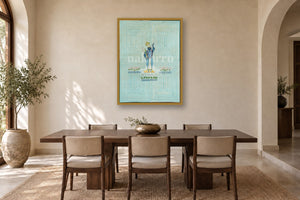 Powder blue geometric contemporary Pichwai — illustrative room mock-up; scale indicative, framing excluded