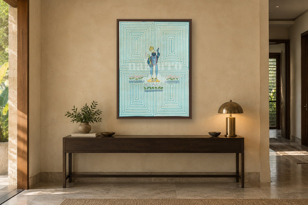 Powder Blue Geometric Pichwai in an entryway