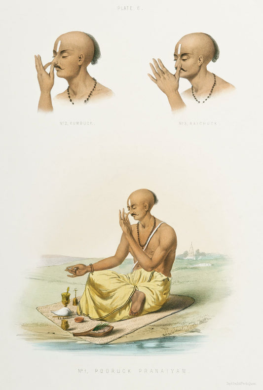 A seated worshipper and two portrait studies illustrate contemplative gestures in a restrained palette of ivory, ochre and soft brown.