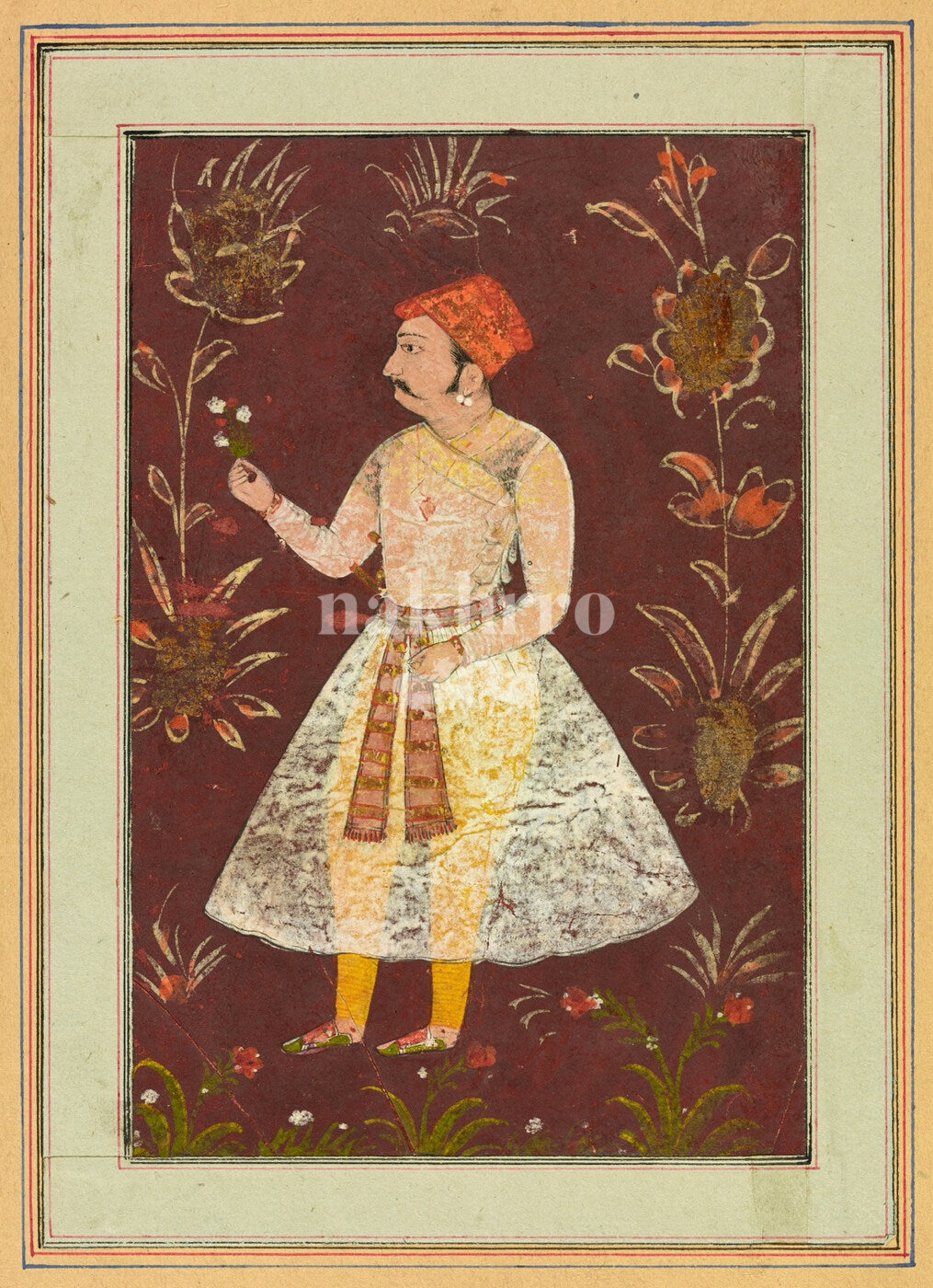 Prince holding a flower against a deep red botanical background Indian miniature art