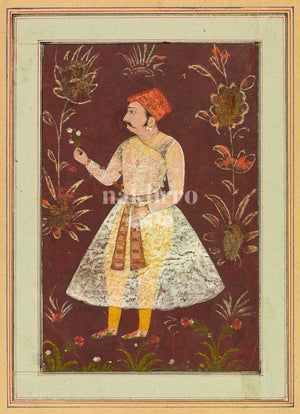 Prince holding a flower against a deep red botanical background Indian miniature art