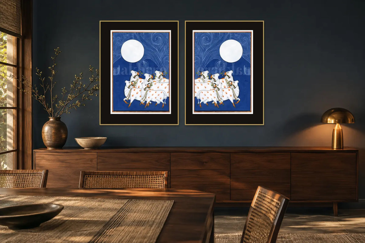 Full Moon Gopashtami Night gallery wall set of two in a dining room