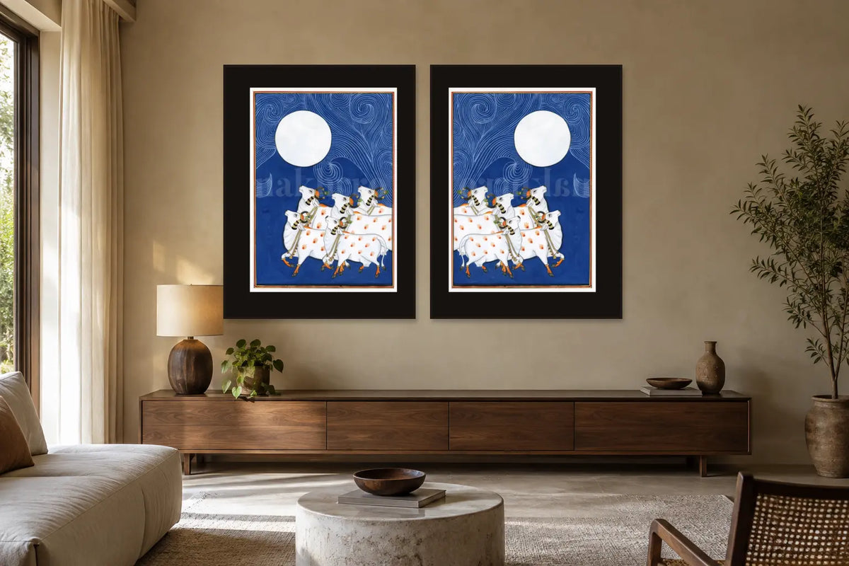 Full Moon Gopashtami Night gallery wall set of two in a living room