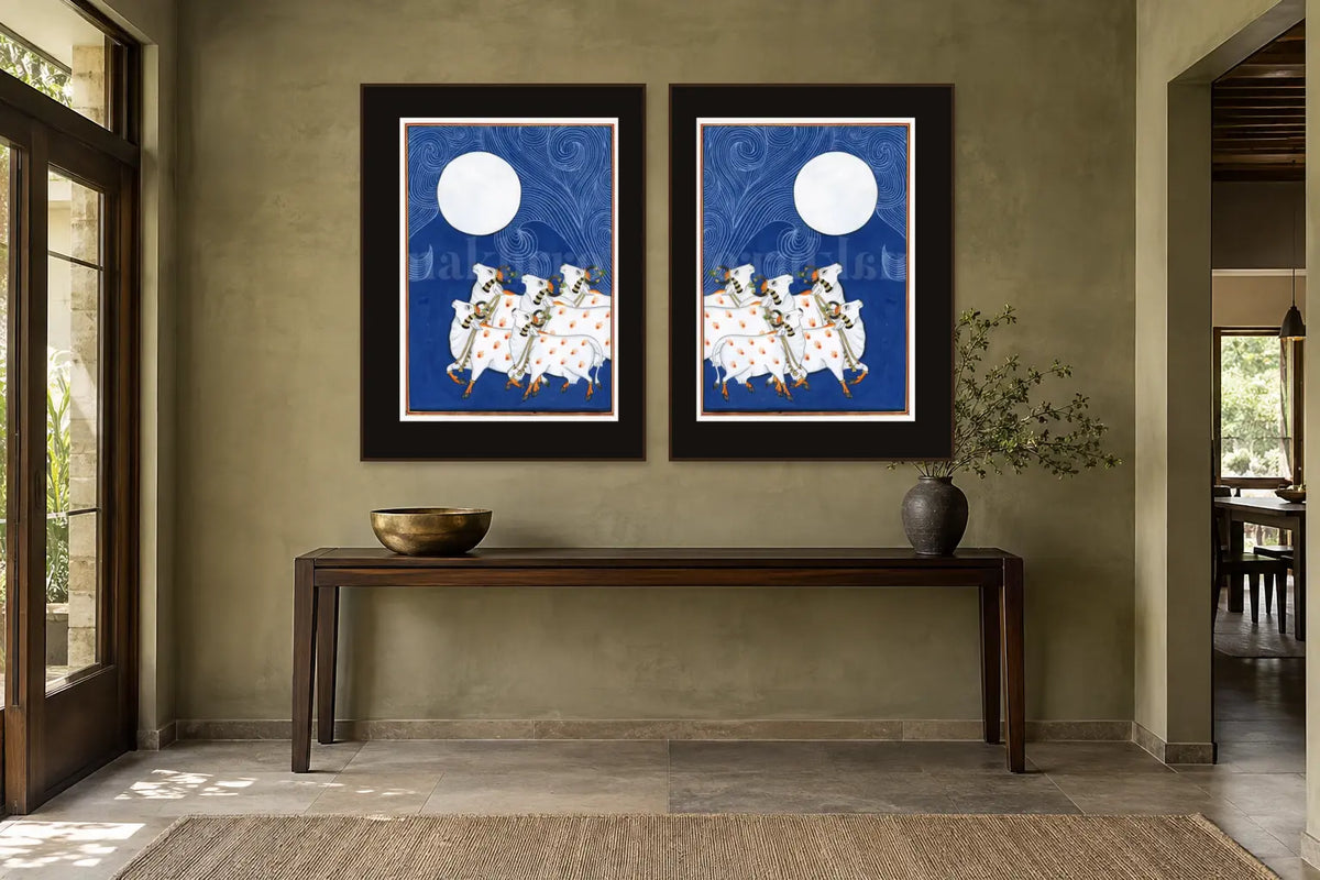 Full Moon Gopashtami Night gallery wall set of two in a passage