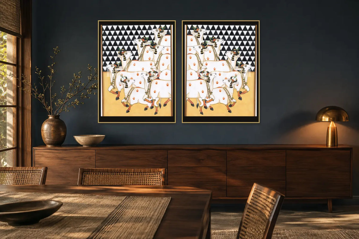 Geometric Cows Pichwai gallery wall set of two in a dining room