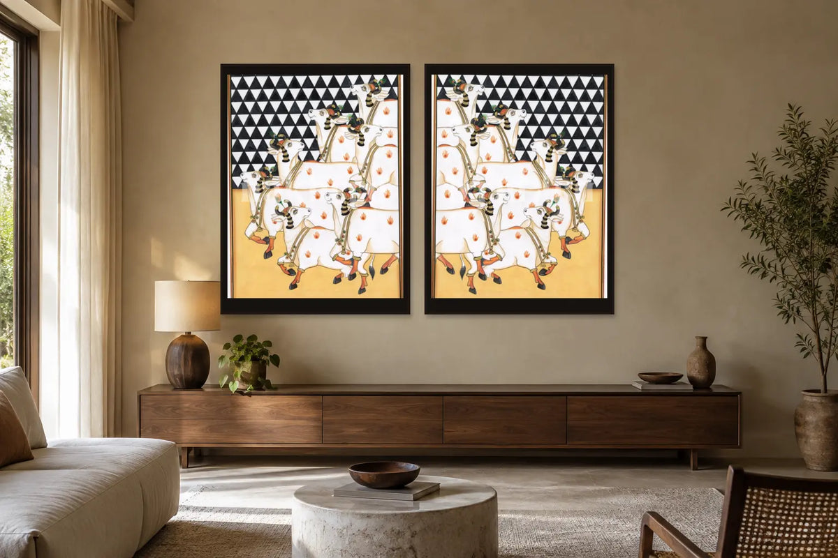 Geometric Cows Pichwai gallery wall set of two in a living room