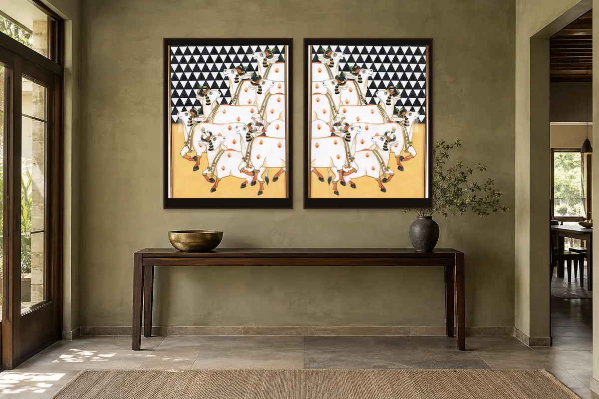 Geometric Cows Pichwai gallery wall set of two in a passage