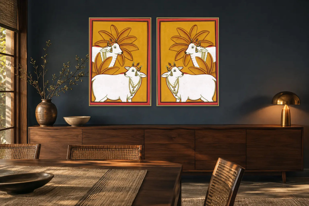 Kamdhenu Palm Pichwai gallery wall set of two in a dining room
