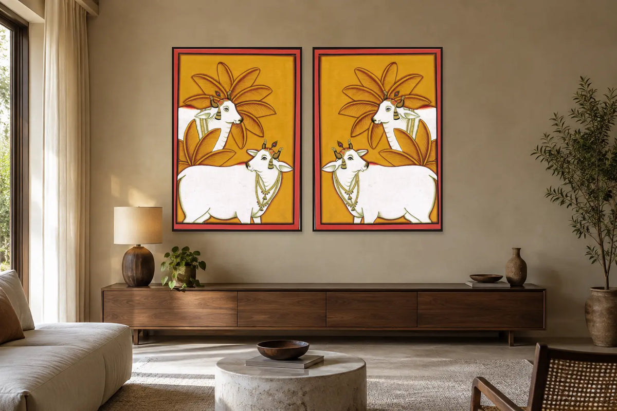 Kamdhenu Palm Pichwai gallery wall set of two in a living room