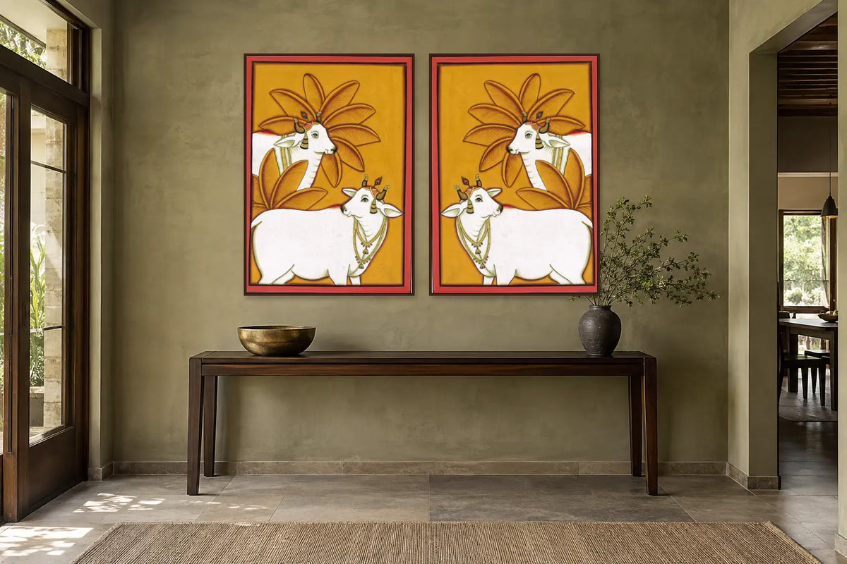 Kamdhenu Palm Pichwai gallery wall set of two in a passage