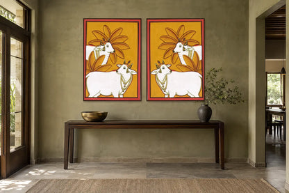 Kamdhenu Palm Pichwai gallery wall set of two in a passage