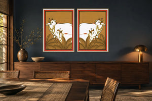 Kamdhenu Around Palm Tree Pichwai gallery wall set of two in a dining room